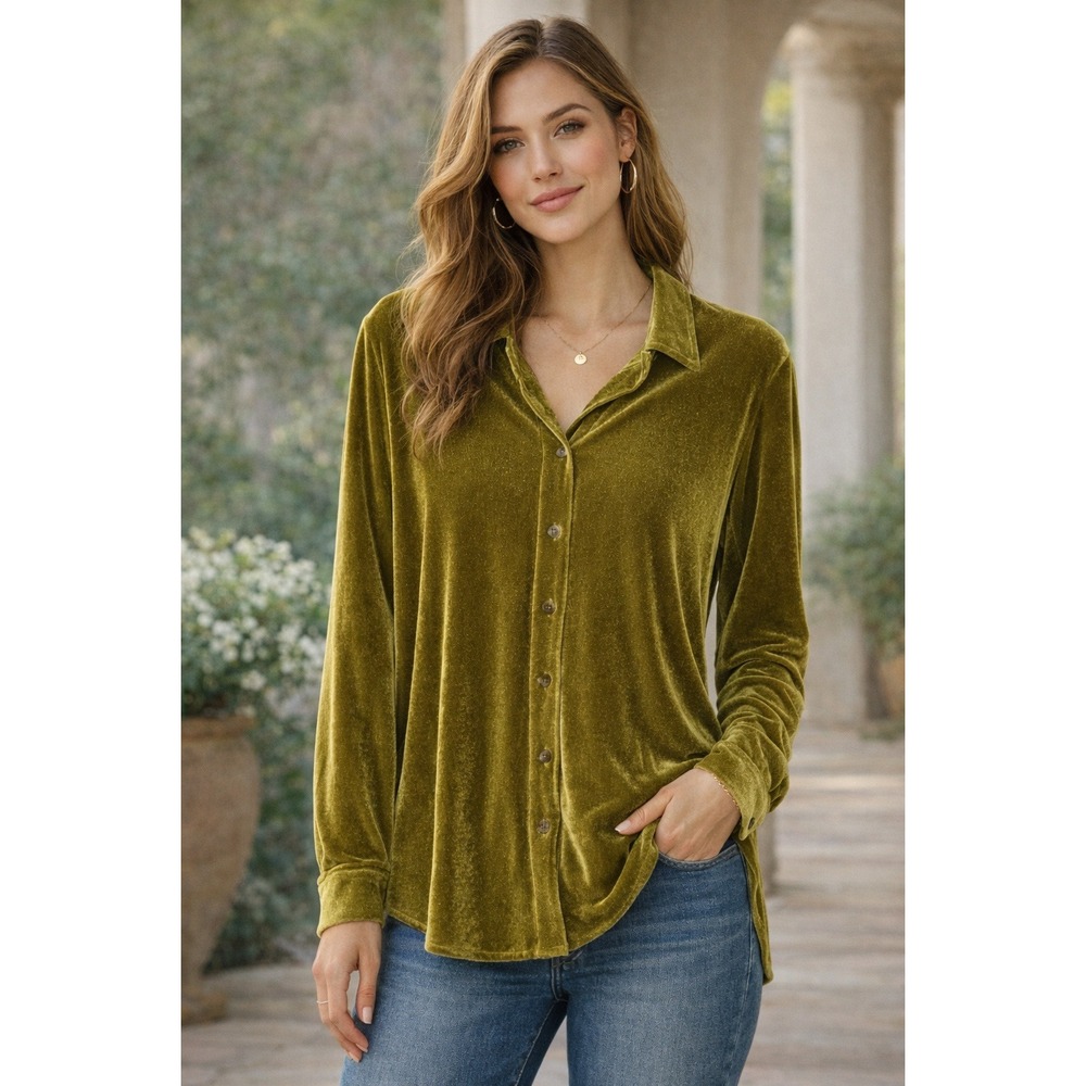 Soft Surroundings Women Olive Green Velvet Button Down Shirt Petite Small Blouse